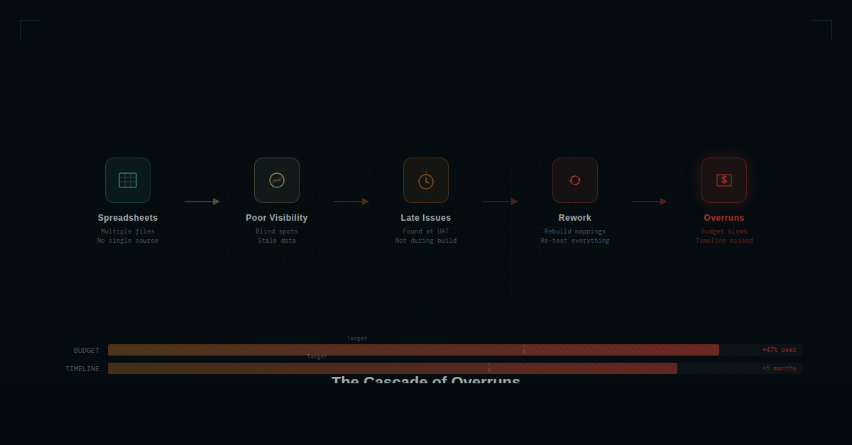 A cascade flow diagram showing how spreadsheet-driven migration leads from poor visibility to late issues, rework, and budget overruns