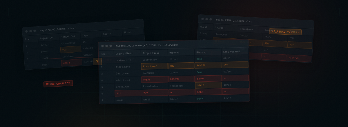 Overlapping spreadsheets with version conflicts, errors, and missing data — illustrating the chaos of spreadsheet-driven data migration