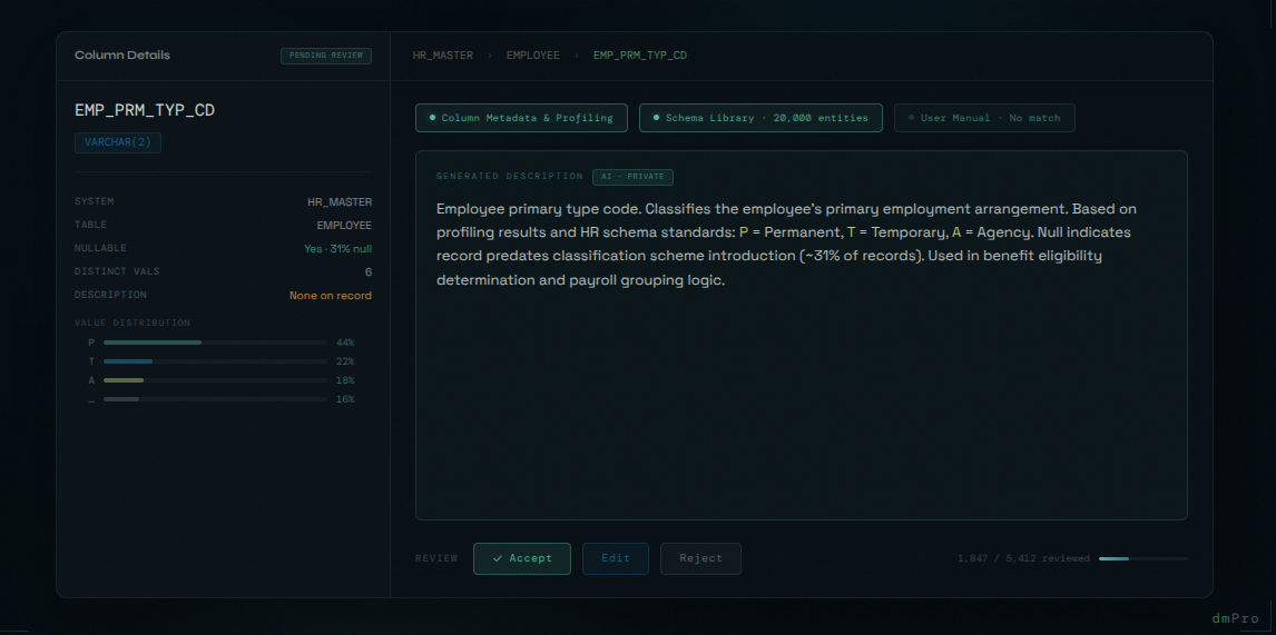 AI-generated data descriptions showing column metadata, profiling results, and industry-standard entity matches in dmPro